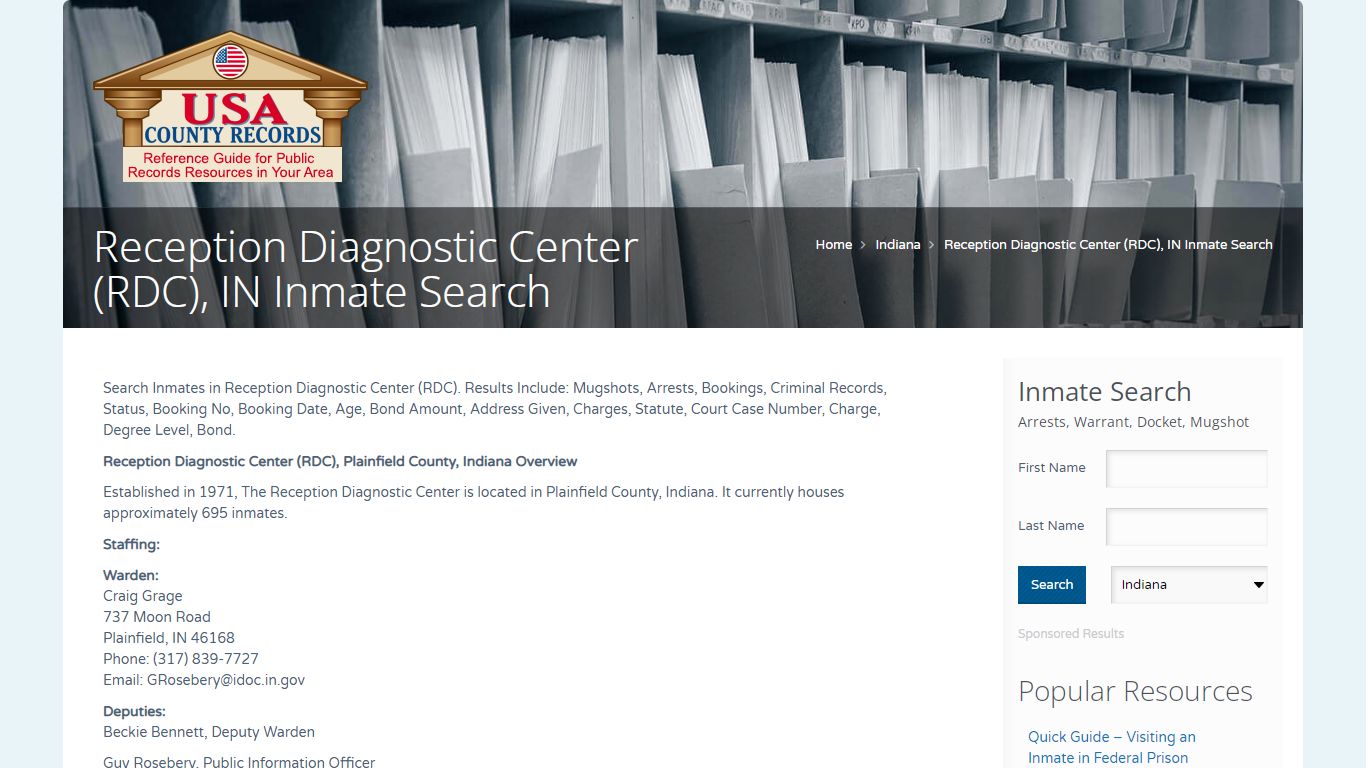 Reception Diagnostic Center (RDC), IN Inmate Search | Name ...